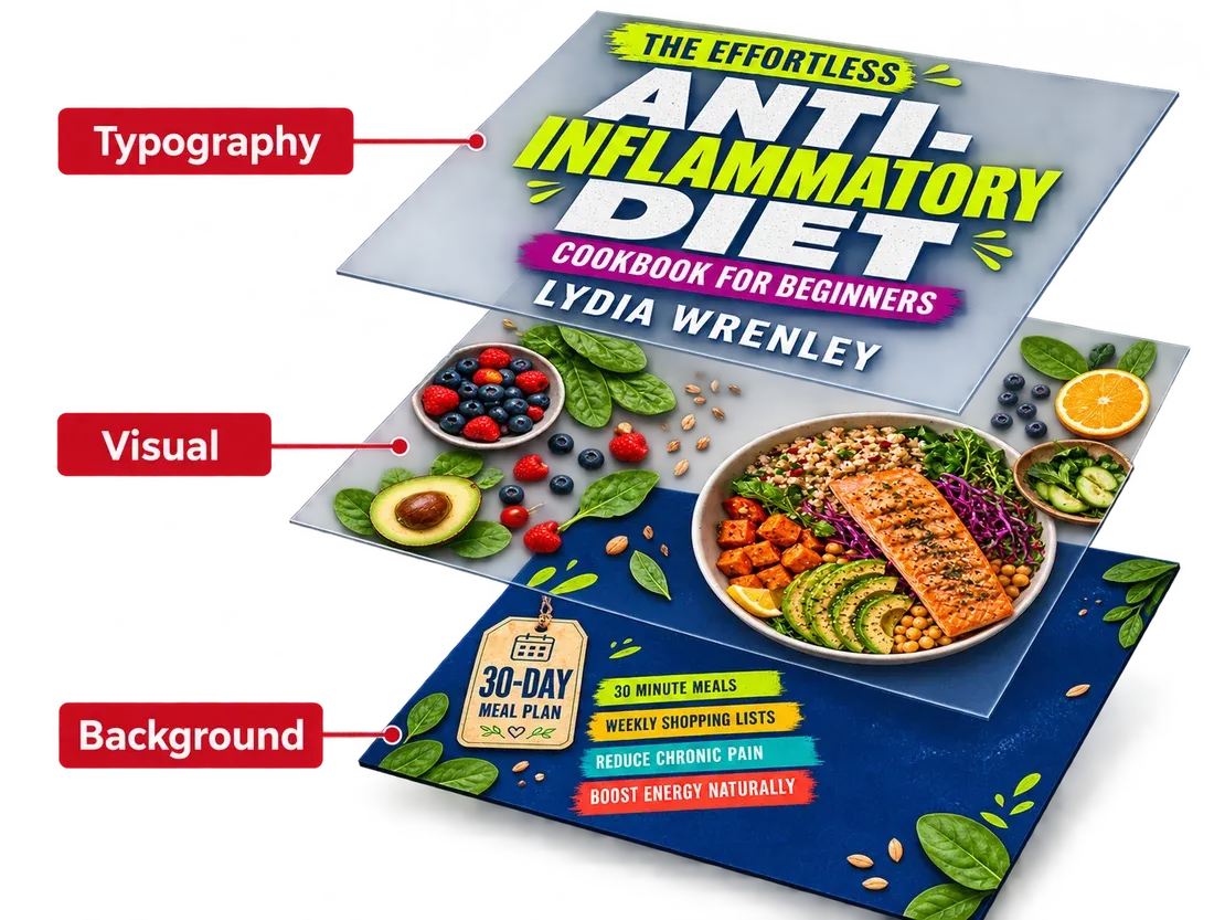 The Effortless Anti-Inflammatory Diet Cookbook cover, pulled apart into its three editable layers: typography, visual, and background.