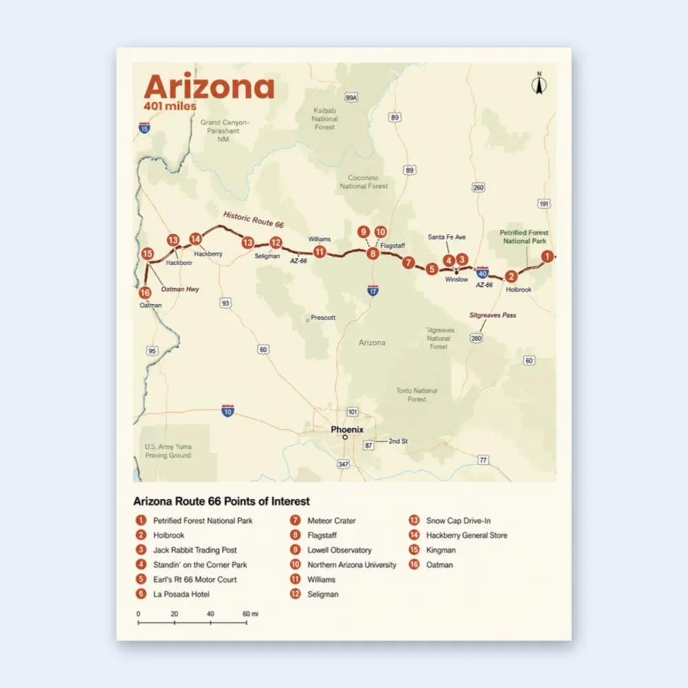 A route map page with points of interest from The Only Route 66 Travel Guide