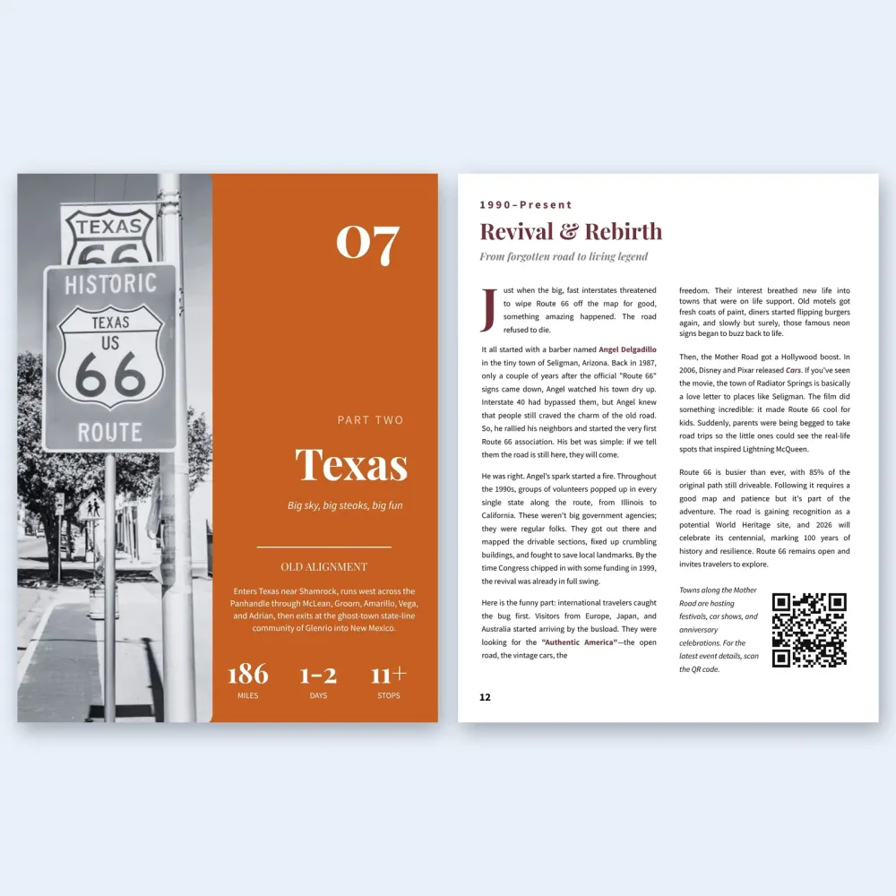 Two interior pages from The Only Route 66 Travel Guide: a Texas section opener and a history article