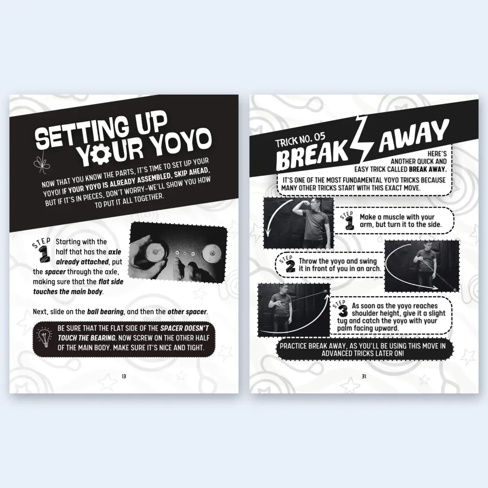 Two interior pages from Yoyo Tricks for Kids: a setup step page and a trick page