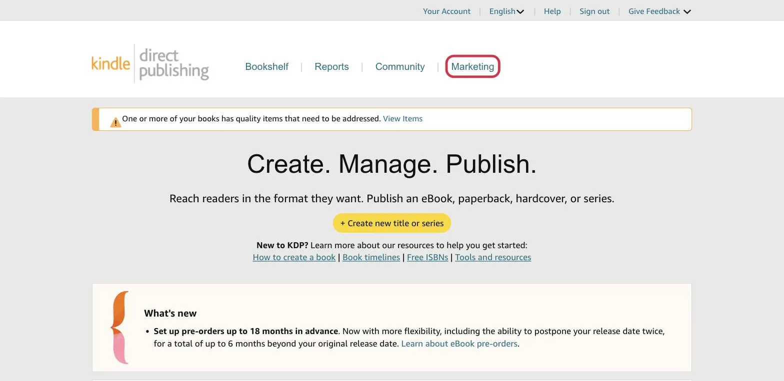 The Marketing tab at the top of the KDP dashboard
