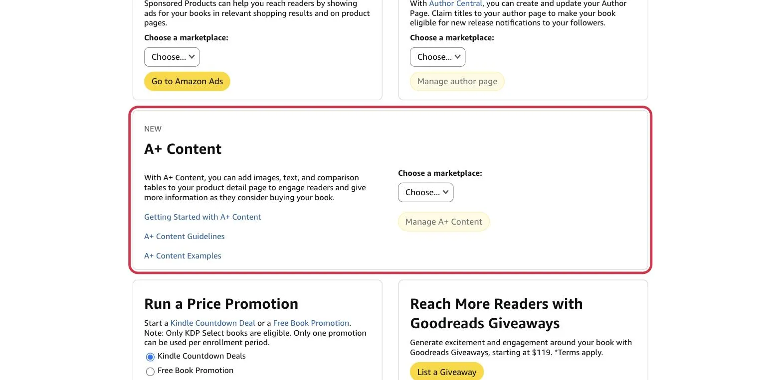The A+ Content box on the KDP Marketing page