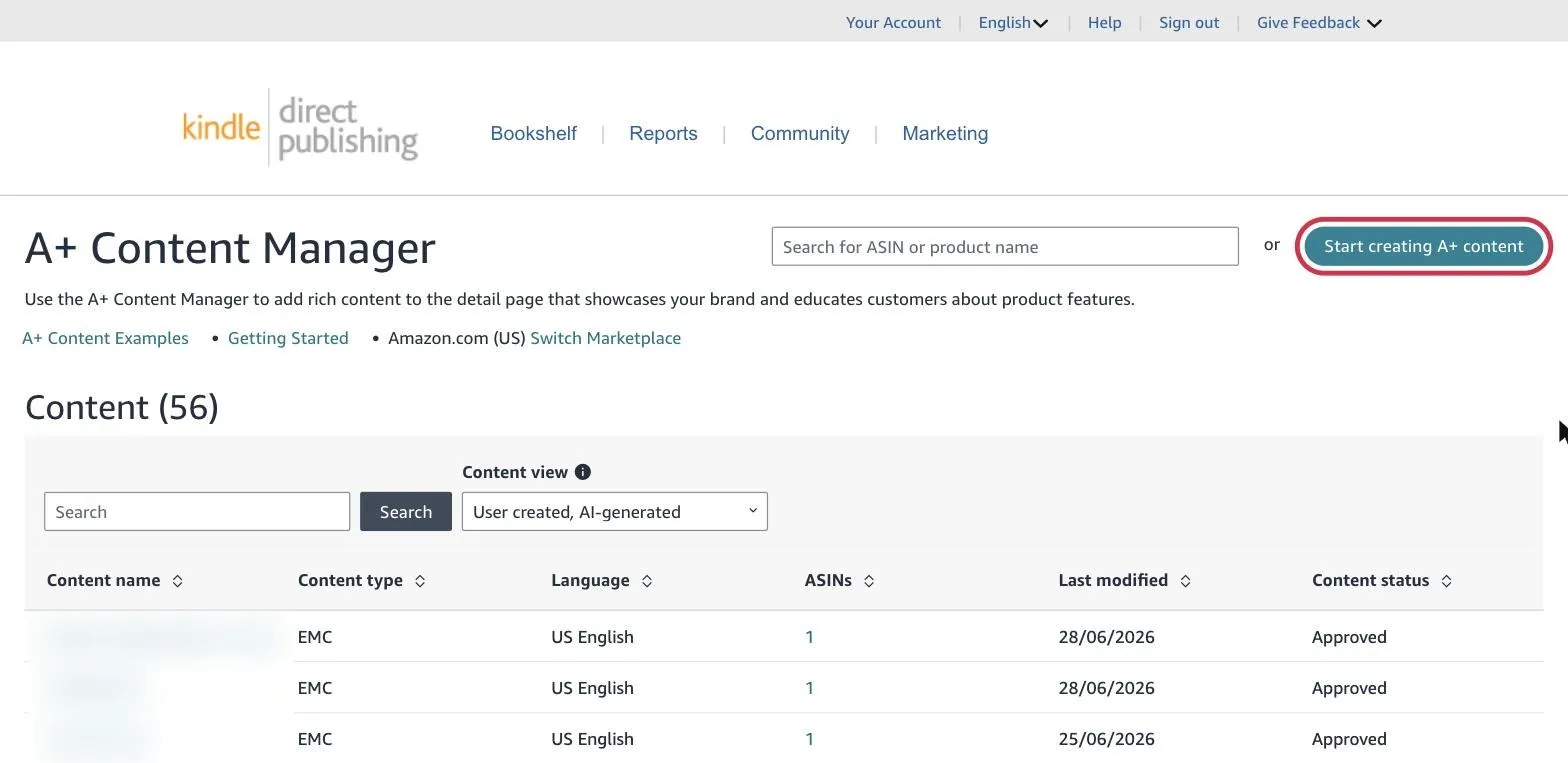 The Start creating A+ content button in the A+ Content Manager