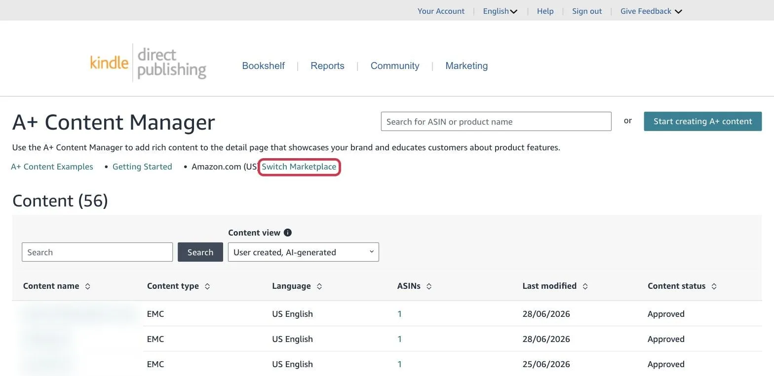 The Switch Marketplace link in the A+ Content Manager